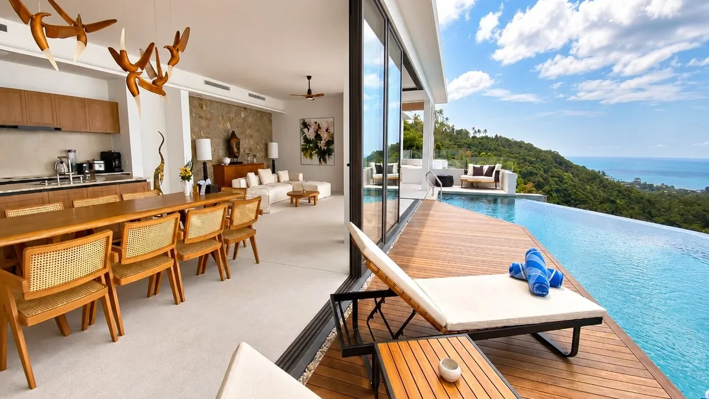 Open-plan villa living area, private pool and ocean view at Anzhu Seamate Villa Samui